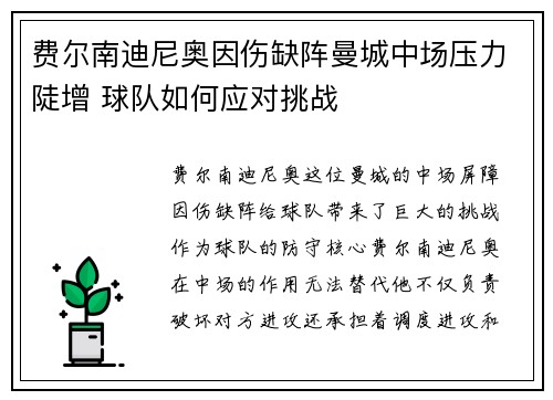 费尔南迪尼奥因伤缺阵曼城中场压力陡增 球队如何应对挑战