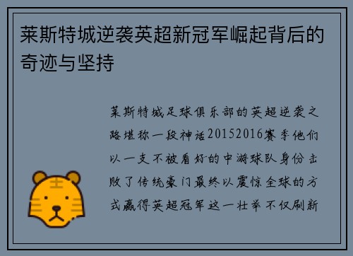 莱斯特城逆袭英超新冠军崛起背后的奇迹与坚持