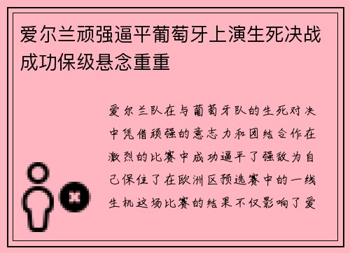 爱尔兰顽强逼平葡萄牙上演生死决战成功保级悬念重重