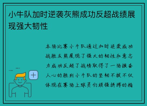 小牛队加时逆袭灰熊成功反超战绩展现强大韧性