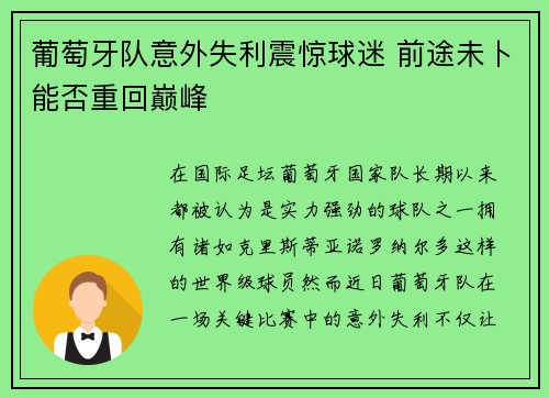 葡萄牙队意外失利震惊球迷 前途未卜能否重回巅峰