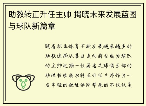 助教转正升任主帅 揭晓未来发展蓝图与球队新篇章